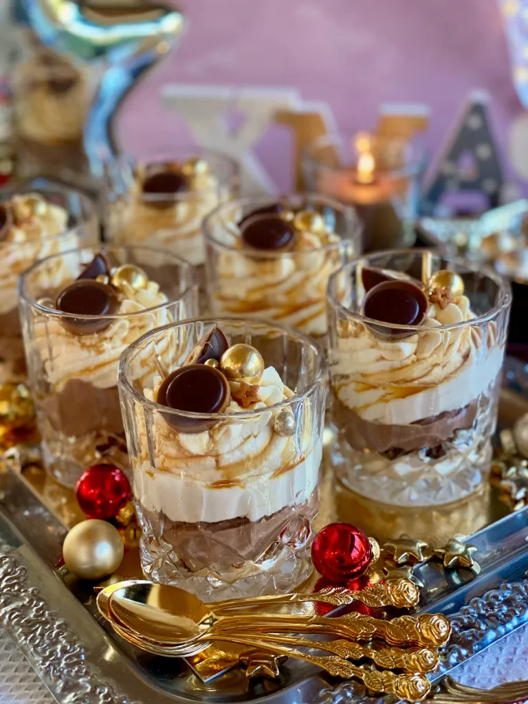 Layered Dessert Glasses on a Silver Tray with Gold Accents — New Years Eve Dessert Table