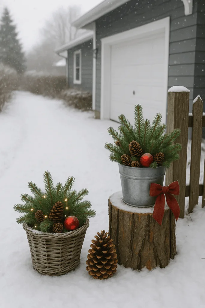 Festive Evergreen Planters with Pinecones and Red Ornaments — Winter Front Door Decor