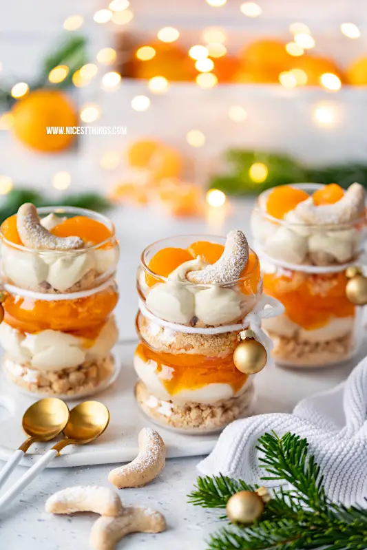 Stacked Dessert Jars with Mandarin and Gold Baubles — New Years Eve Dessert Table