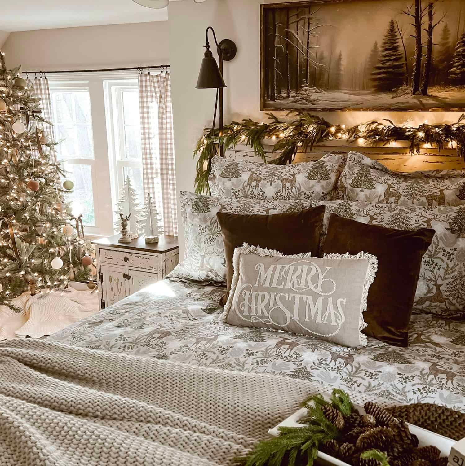 Farmhouse Christmas Bedroom with Deer-Print Bedding — Christmas Bedroom Decor
