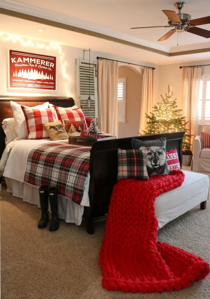 Traditional Sleigh Bed with Plaid Bedding and Red Throw — Christmas Bedroom Decor