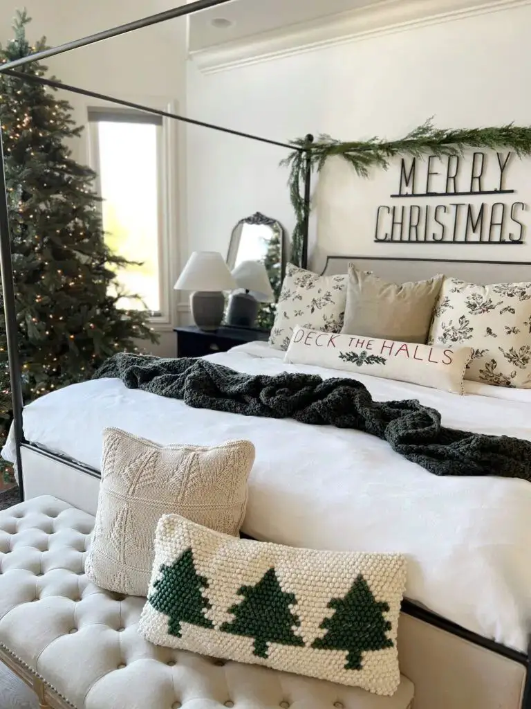 Wide Room Shot Modern Farmhouse Bedroom with Flocked Tree and Knit Garland — Christmas Bedroom Decor