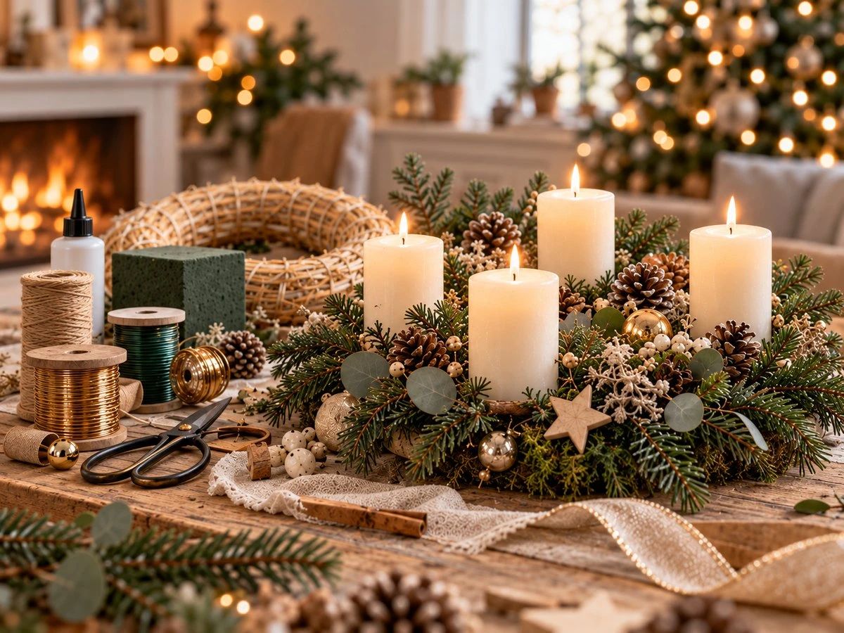 Rustic Christmas Centerpiece with Candles and Greenery Rustic Christmas Centerpiece with Candles and Greenery — Christmas Decor