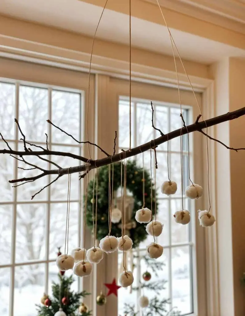 Natural Branch Mobile with Cotton Ball Ornaments Natural Branch Mobile with Cotton Ball Ornaments — Simple Christmas Decor