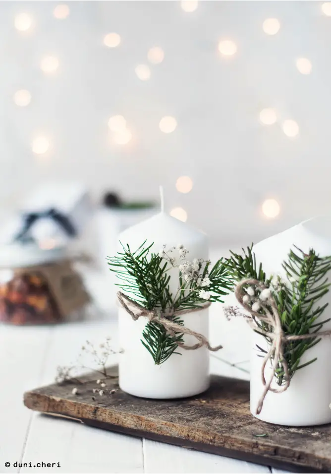 Rustic Candles with Pine Sprigs and Twine Rustic Candles with Pine Sprigs and Twine — Simple Christmas Decor