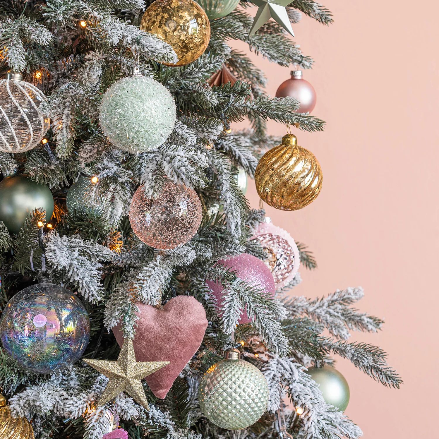 Cozy Winter Wonderland Flocked Christmas Tree — Pink and Gold Christmas Tree