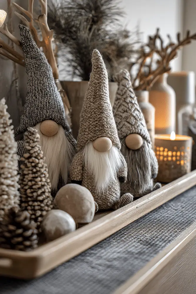 Knitted Christmas Gnomes on a Wooden Tray Knitted Christmas Gnomes on a Wooden Tray — Simple Christmas Decor