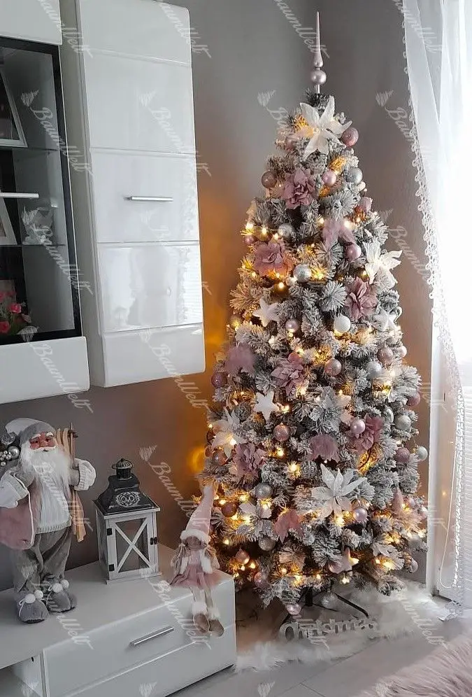 Traditional Flocked Christmas Tree with Poinsettias and Stars — Pink and Gold Christmas Tree