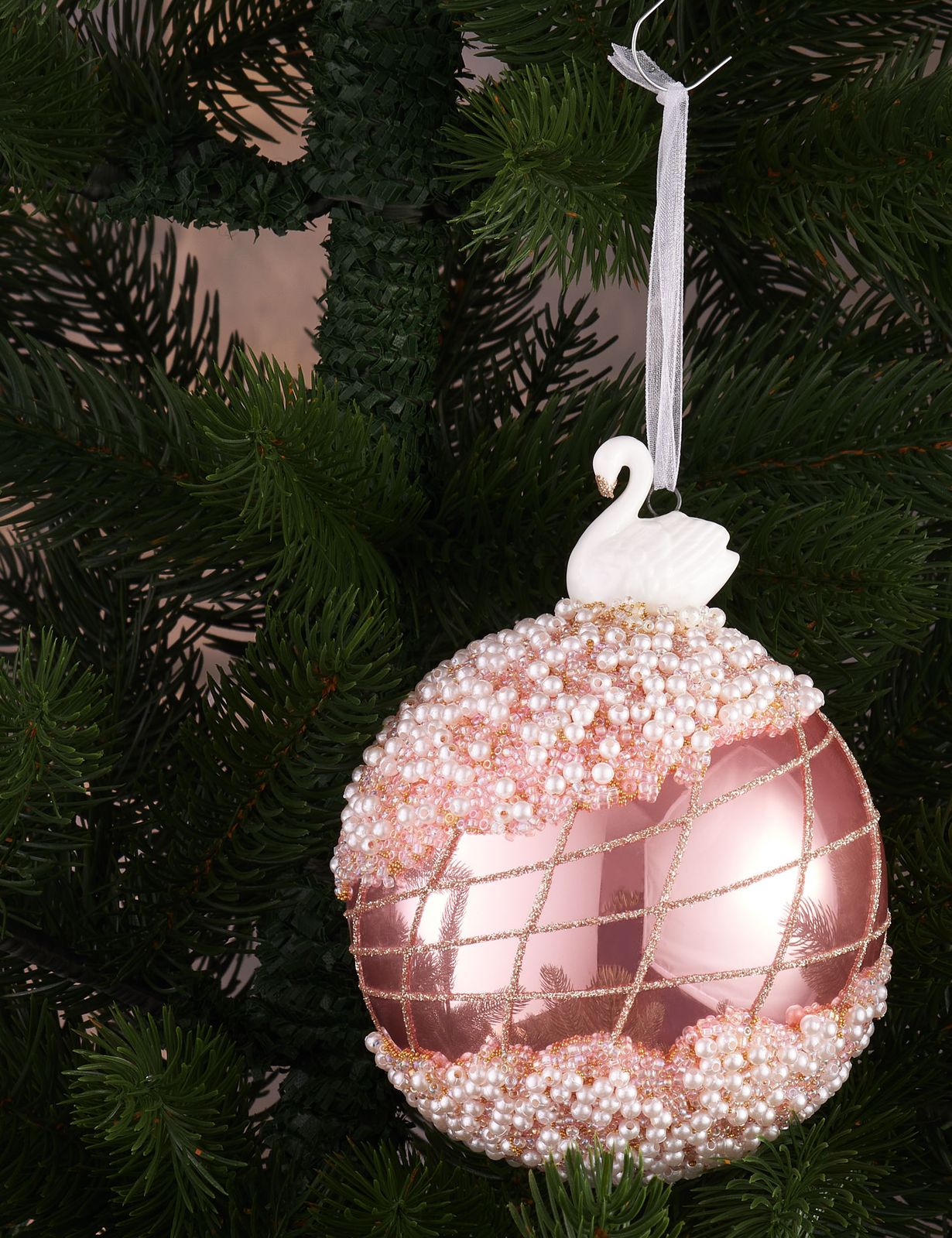 Beaded Pink and Gold Christmas Ornament with Swan Topper — Pink and Gold Christmas Tree