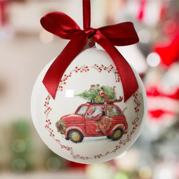 Ornament Featuring Santa, Red Car, and Dog Scene Ornament Featuring Santa, Red Car, and Dog Scene — Red and White Christmas Tree