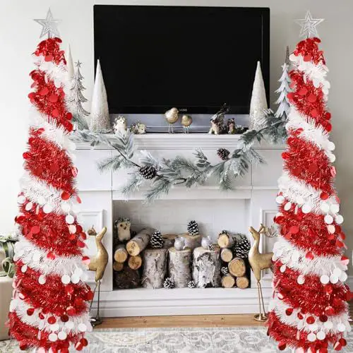 Symmetrical Tinsel Trees Flanking a Fireplace Symmetrical Tinsel Trees Flanking a Fireplace — Red and White Christmas Tree