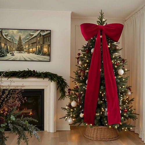 Traditional Living Room with Large Red Velvet Bow Traditional Living Room with Large Red Velvet Bow — Red and White Christmas Tree
