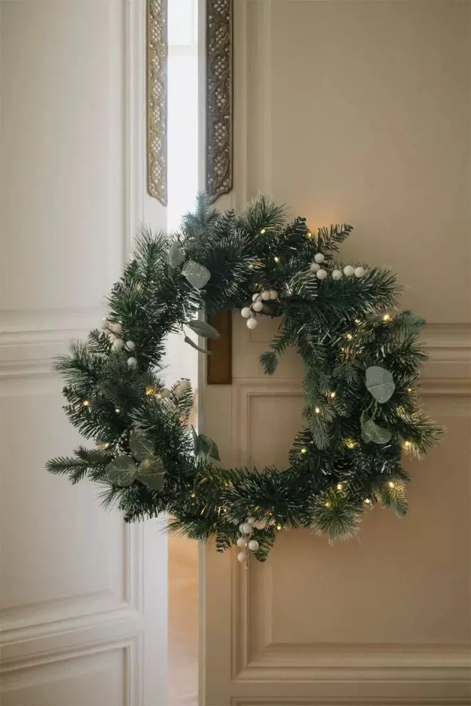 Traditional Doorway with an Illuminated Evergreen Wreath and White Berries Traditional Doorway with an Illuminated Evergreen Wreath and White Berries — Cozy Christmas Decor