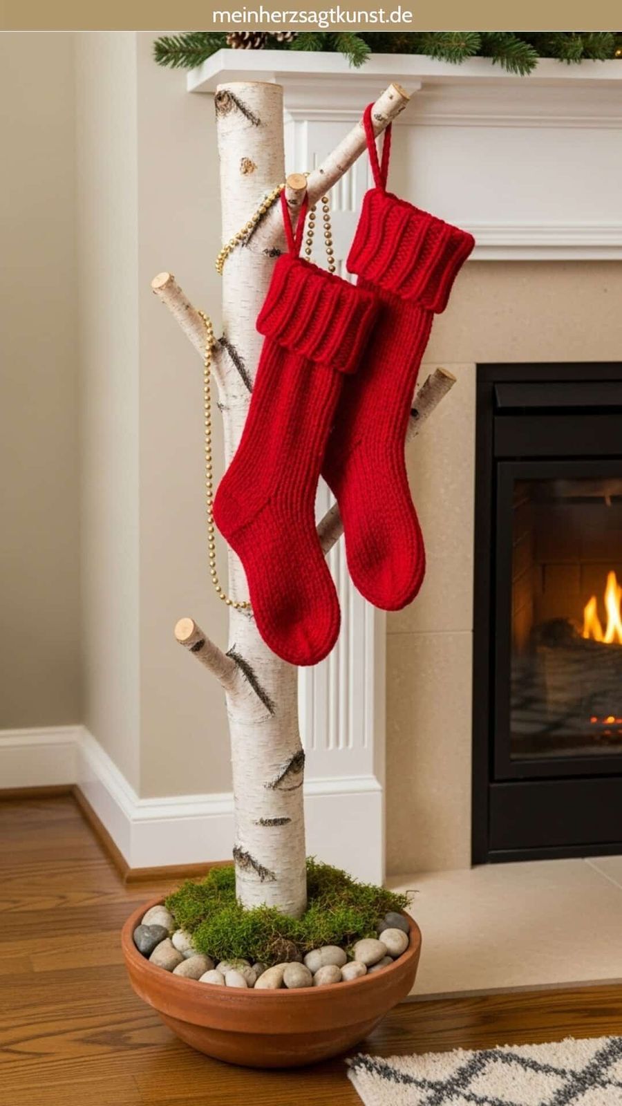 Rustic Birch Branch Stocking Stand Vignette — Christmas Fireplace Decor
