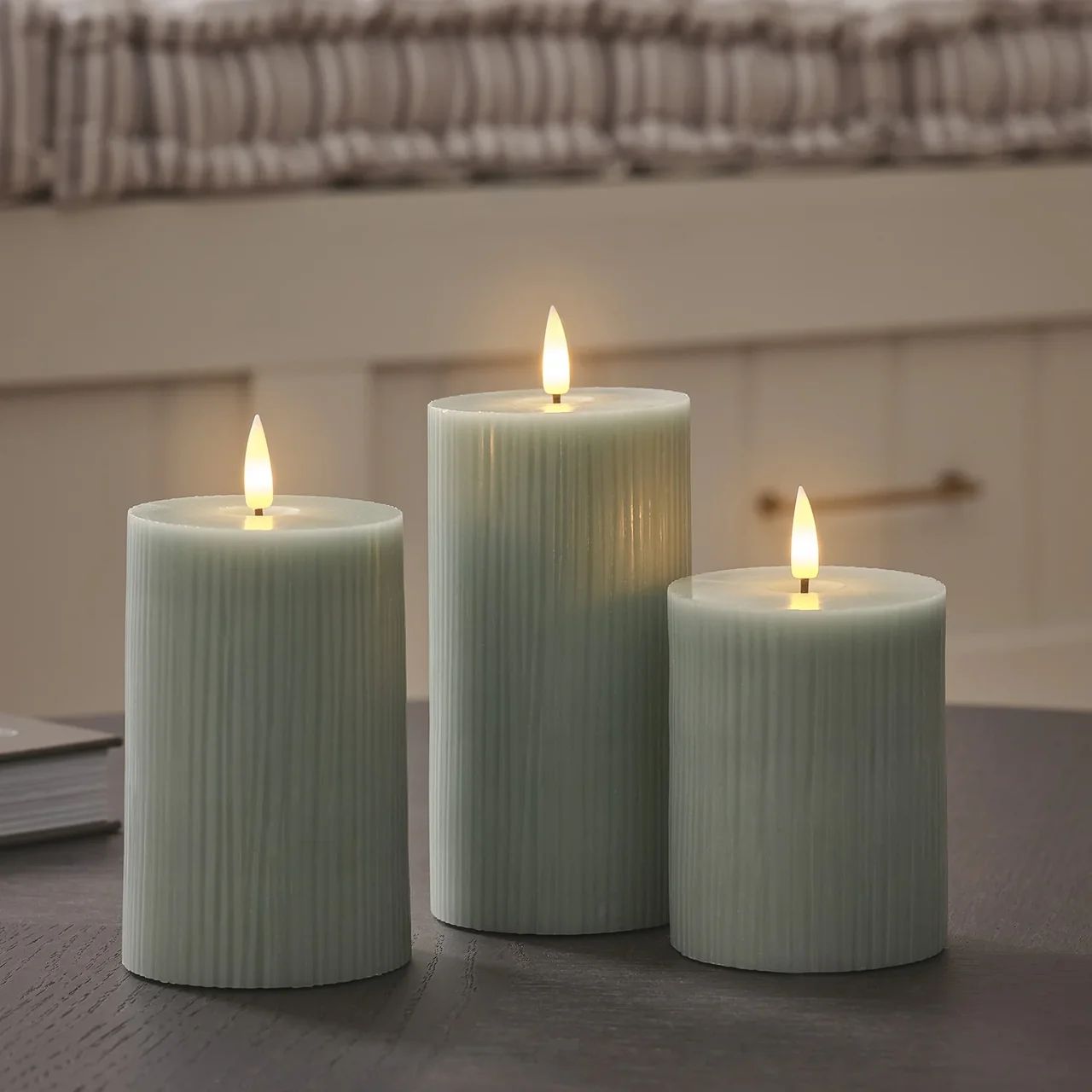 Sage Green LED Pillar Candles with Ribbed Texture Sage Green LED Pillar Candles with Ribbed Texture — Sage Green Christmas Decor