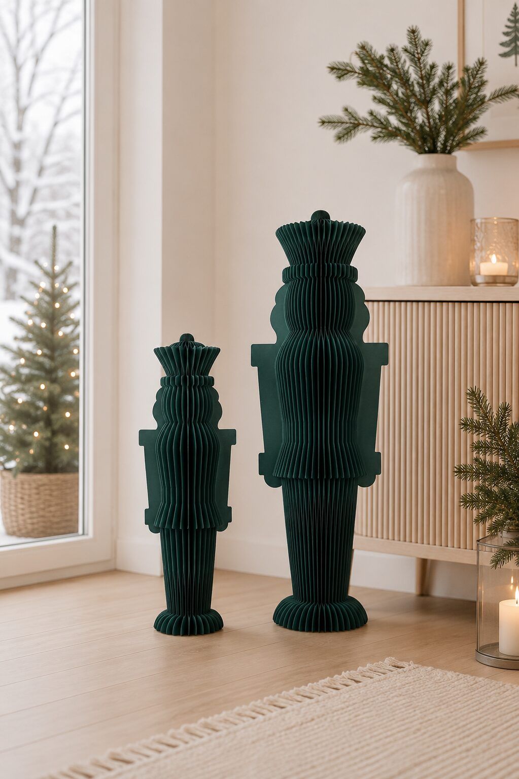 Modern Vignette with Dark Green Paper Nutcrackers Modern Vignette with Dark Green Paper Nutcrackers — Sage Green Christmas Decor