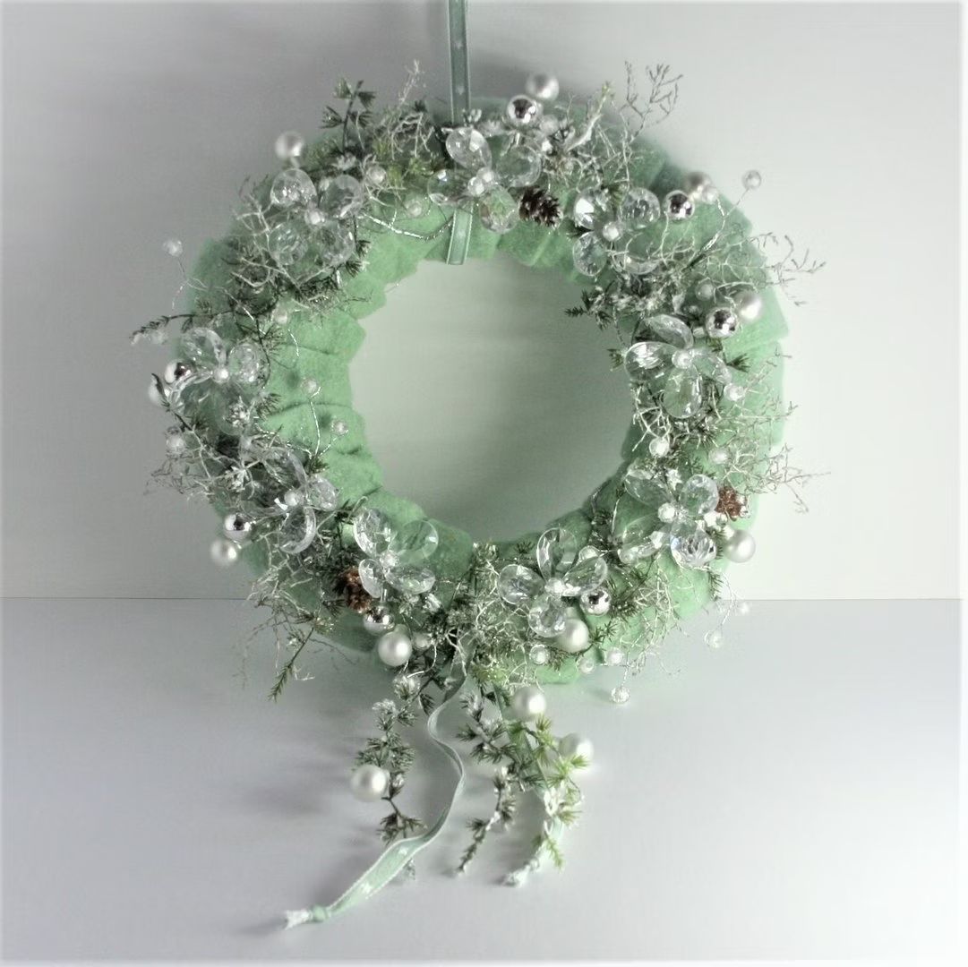 Handmade Sage Green Felt Wreath with Silver Accents Handmade Sage Green Felt Wreath with Silver Accents — Sage Green Christmas Decor