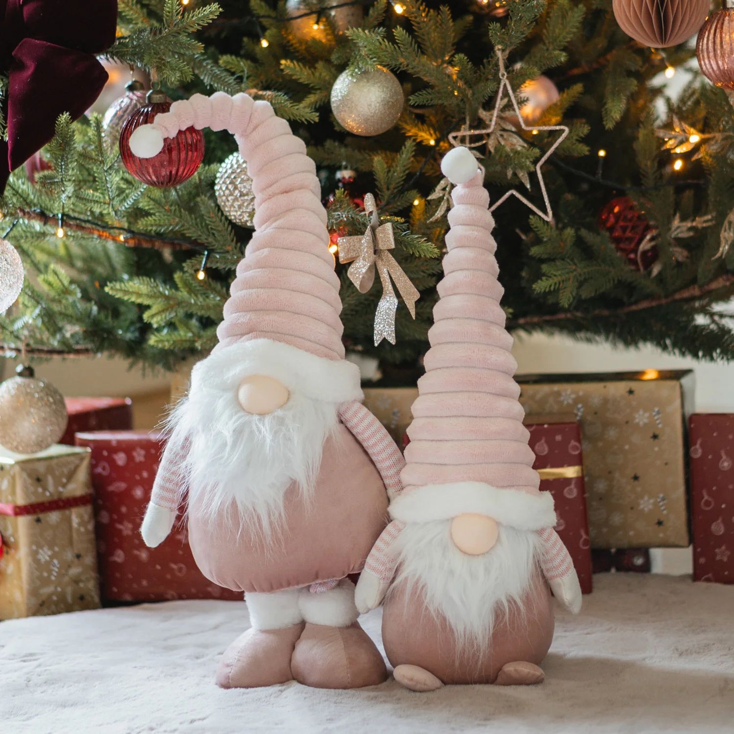 Playful Pink Gnomes as Festive Christmas Vignette Playful Pink Gnomes as Festive Christmas Vignette — Pink Christmas Decor