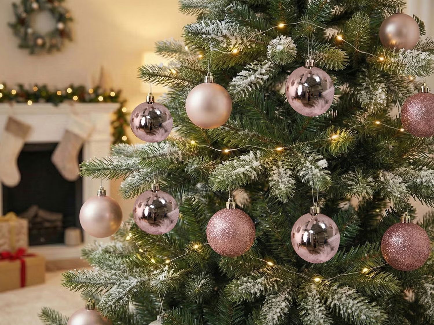 Flocked Christmas Tree with Sparkling Pink Baubles Flocked Christmas Tree with Sparkling Pink Baubles — Pink Christmas Decor
