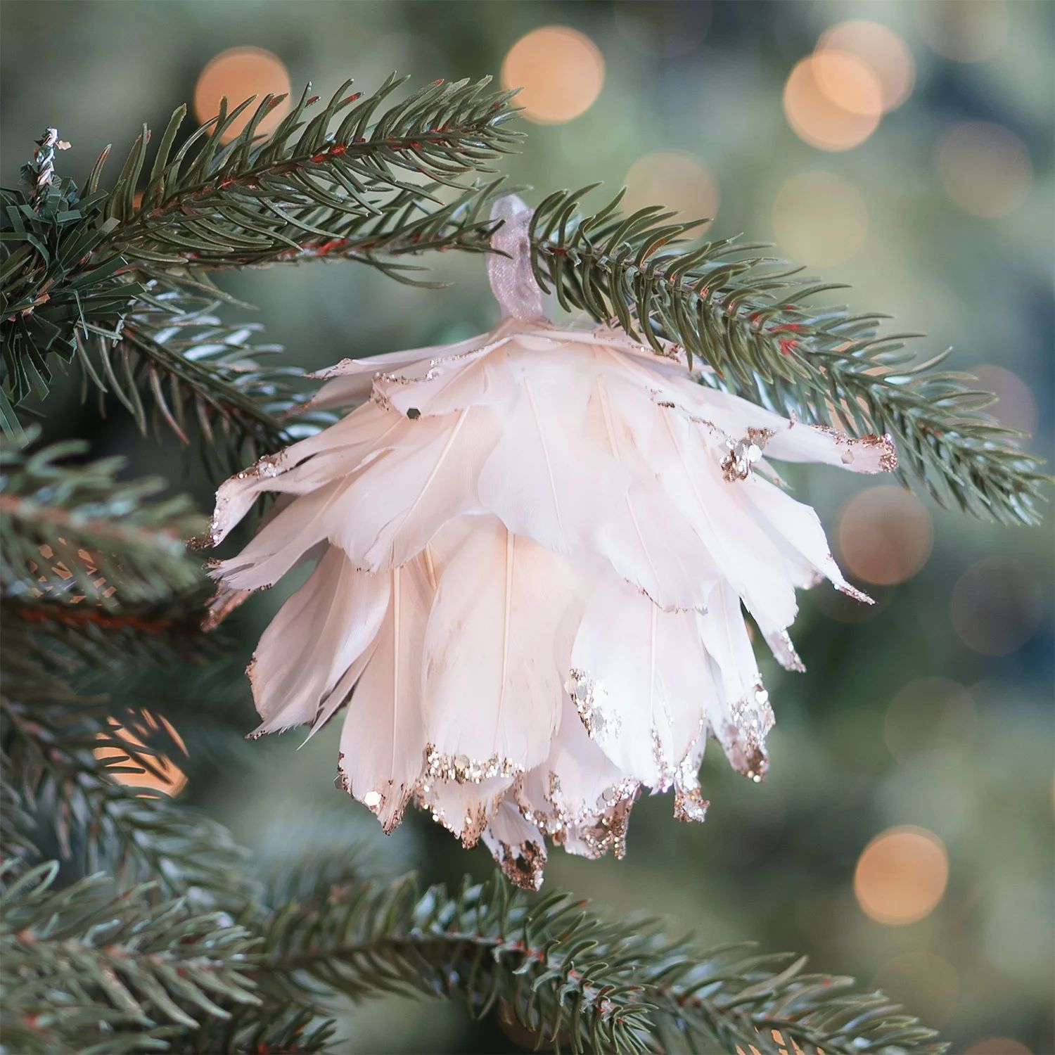 Elegant White Feather Ornament with Glittered Pink Accents Elegant White Feather Ornament with Glittered Pink Accents — Pink Christmas Decor