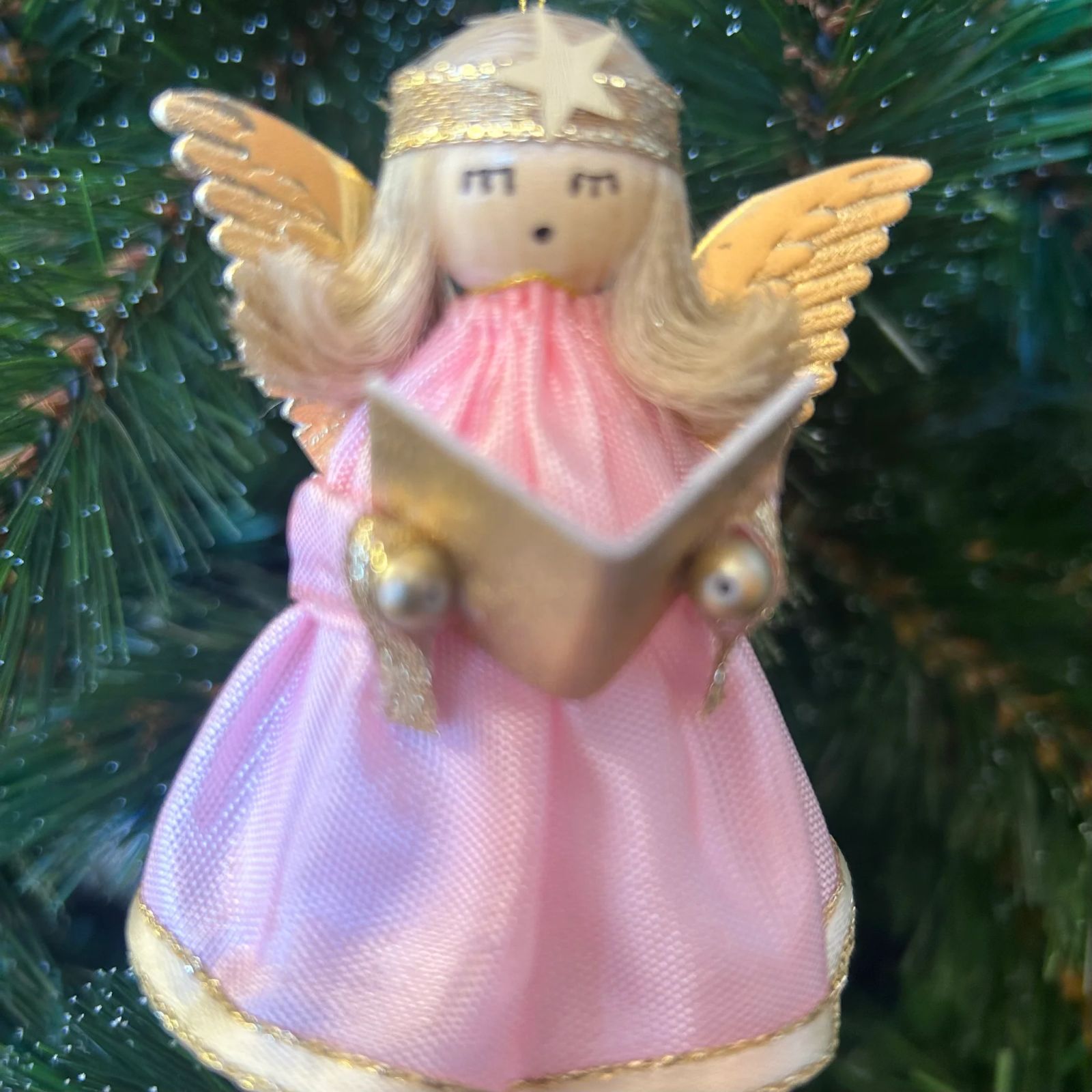 Traditional Pink Fabric Angel Ornament with Golden Wings Traditional Pink Fabric Angel Ornament with Golden Wings — Pink Christmas Decor