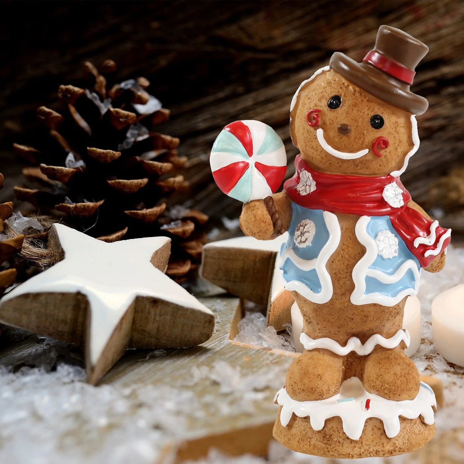 Smiling Gingerbread Man Figure with Pinecones and Stars Smiling Gingerbread Man Figure with Pinecones and Stars — Gingerbread Christmas Decor