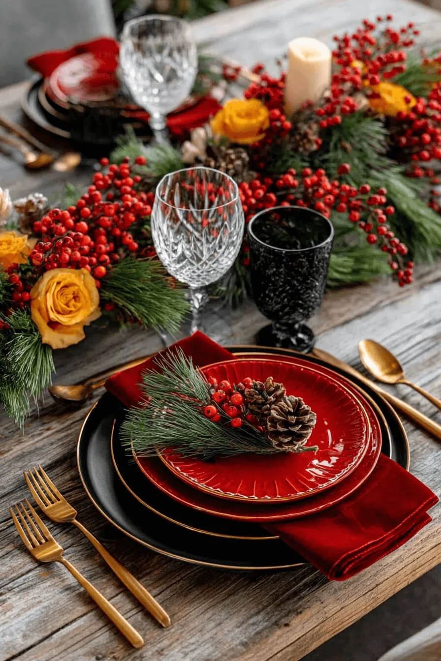 Traditional Festivity: Red Plates and Pine Garland Tablescape — Christmas Wedding Decor