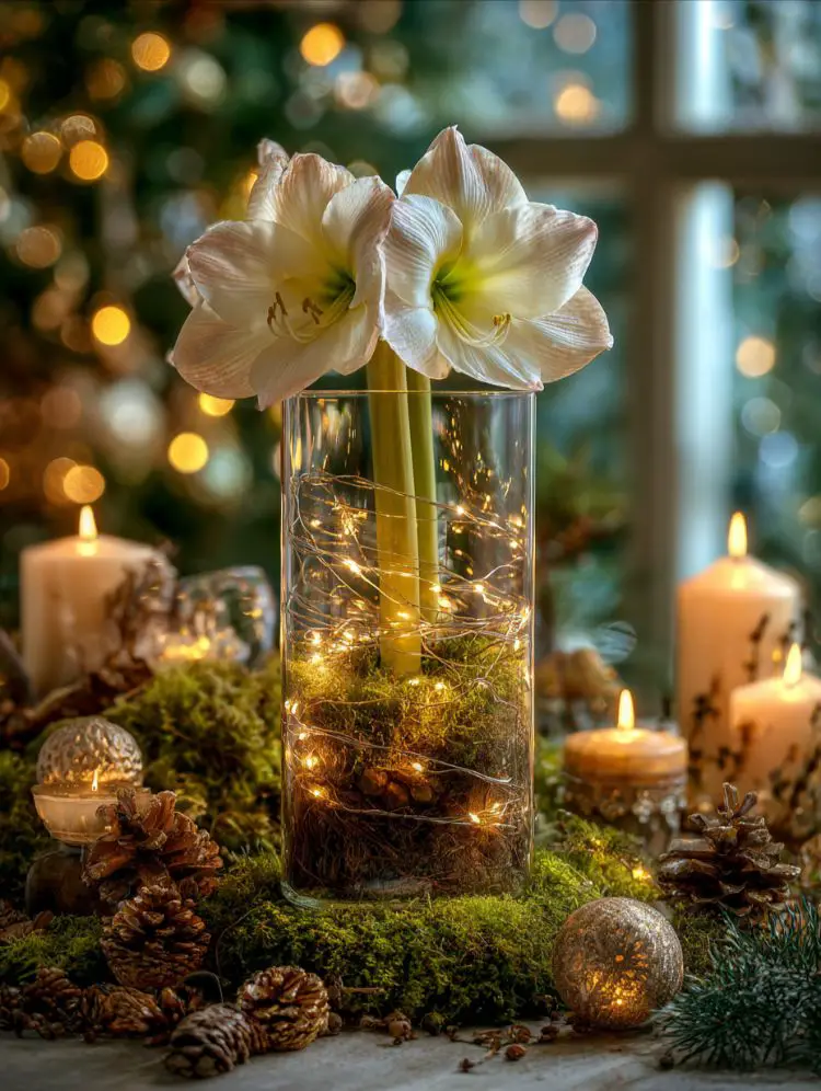 Magical Amaryllis Centerpiece with Fairy Lights — Christmas Wedding Decor