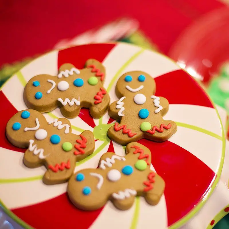 Cheerful Gingerbread Men Cookies on a Striped Plate Cheerful Gingerbread Men Cookies on a Striped Plate — Gingerbread Christmas Decor