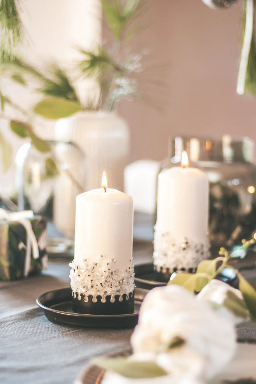 Festive Pillar Candles with Crystal Embellishments — Christmas Wedding Decor