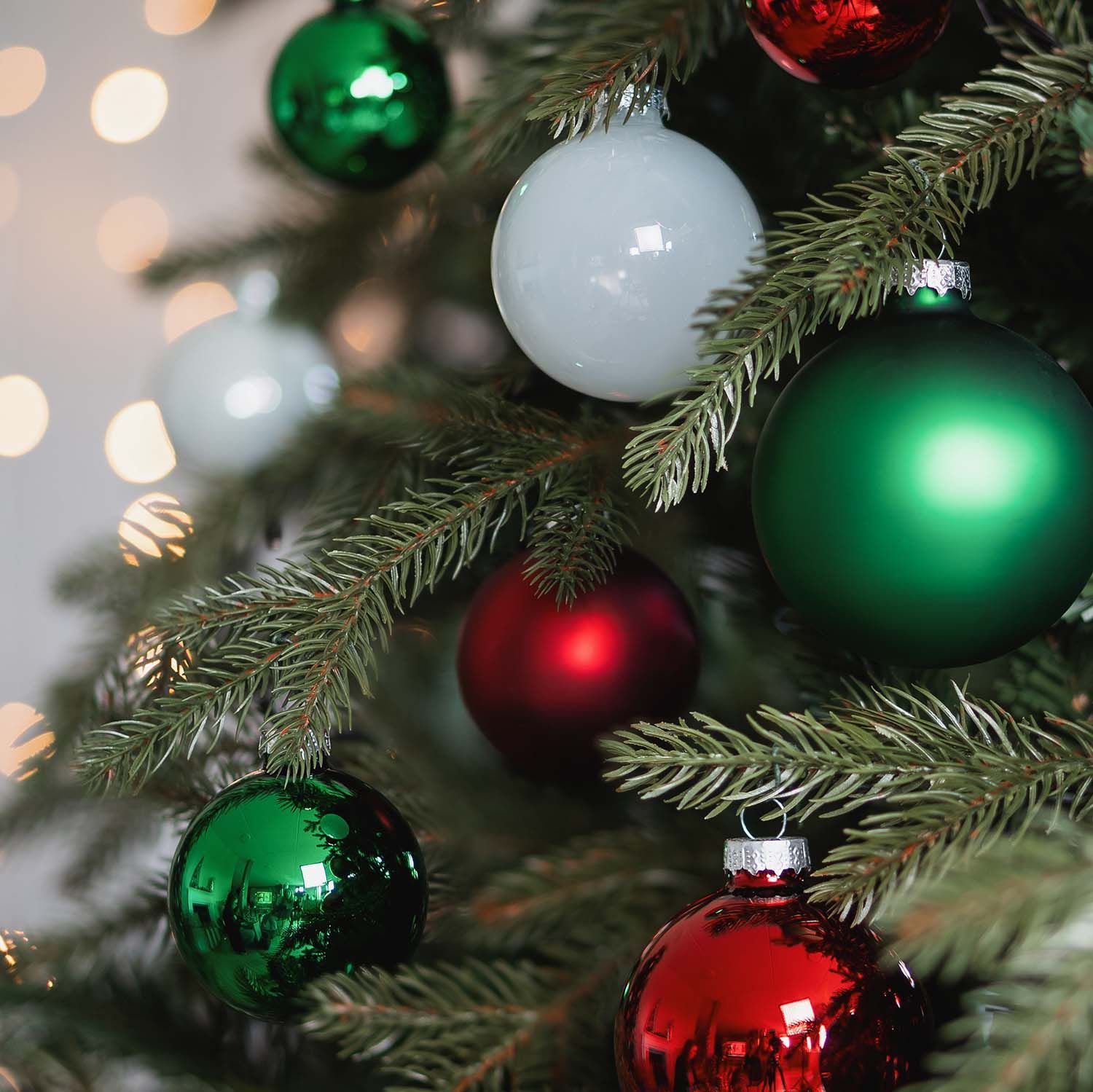 Shiny Red and Green Glass Baubles Reflecting Fairy Lights Shiny Red and Green Glass Baubles Reflecting Fairy Lights — Red and Green Christmas Tree