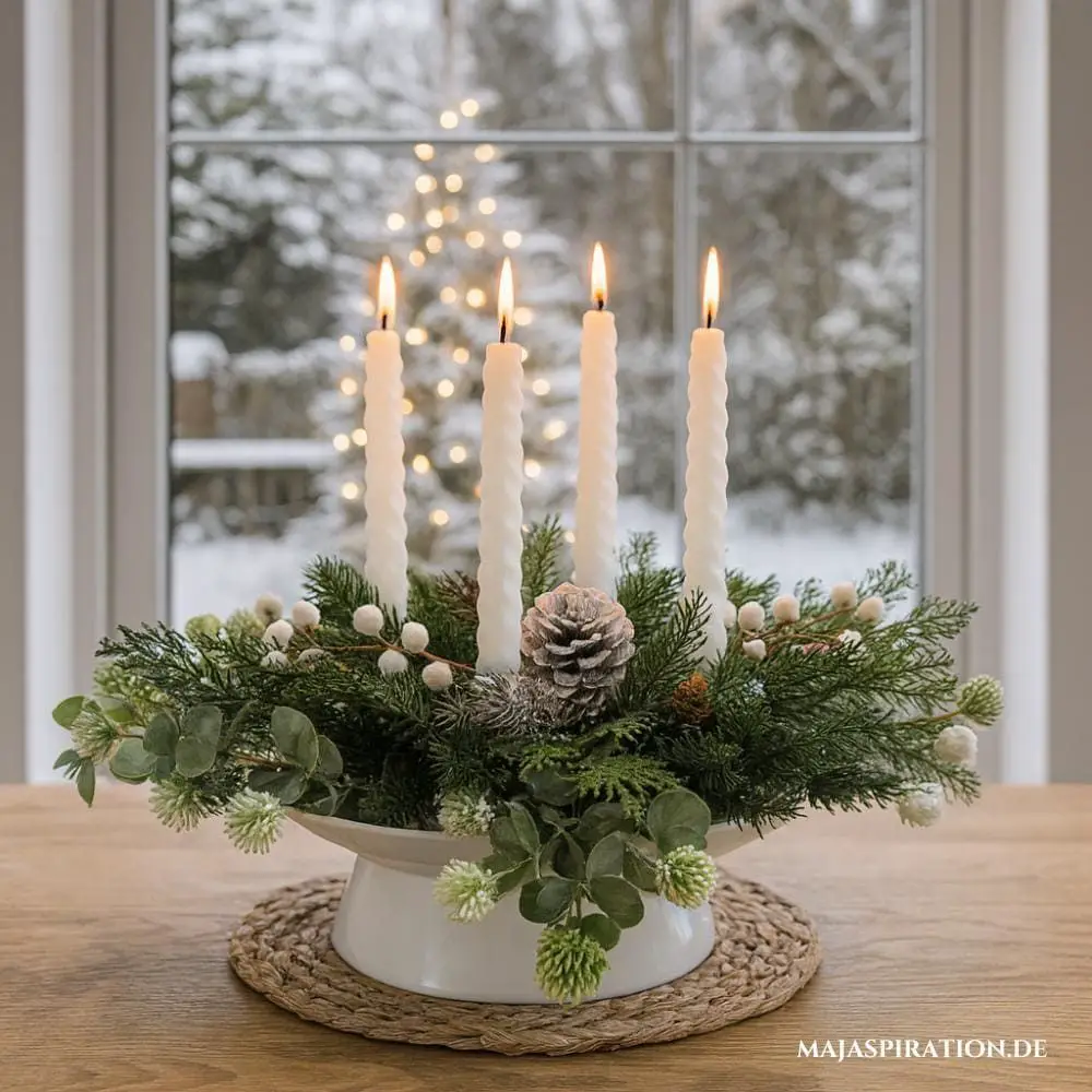 Natural Evergreen Centerpiece with Snowy Backdrop — Christmas Wedding Decor