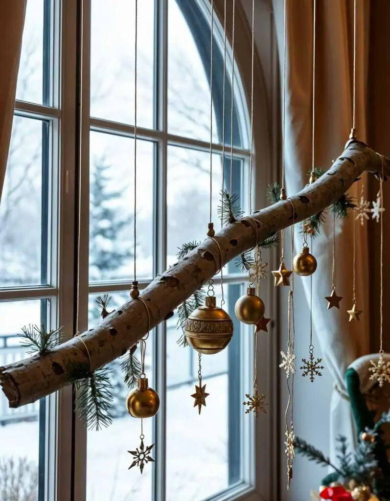 Natural Hanging Mobile with Ornaments and Pine Sprigs — Winter Decor After Christmas