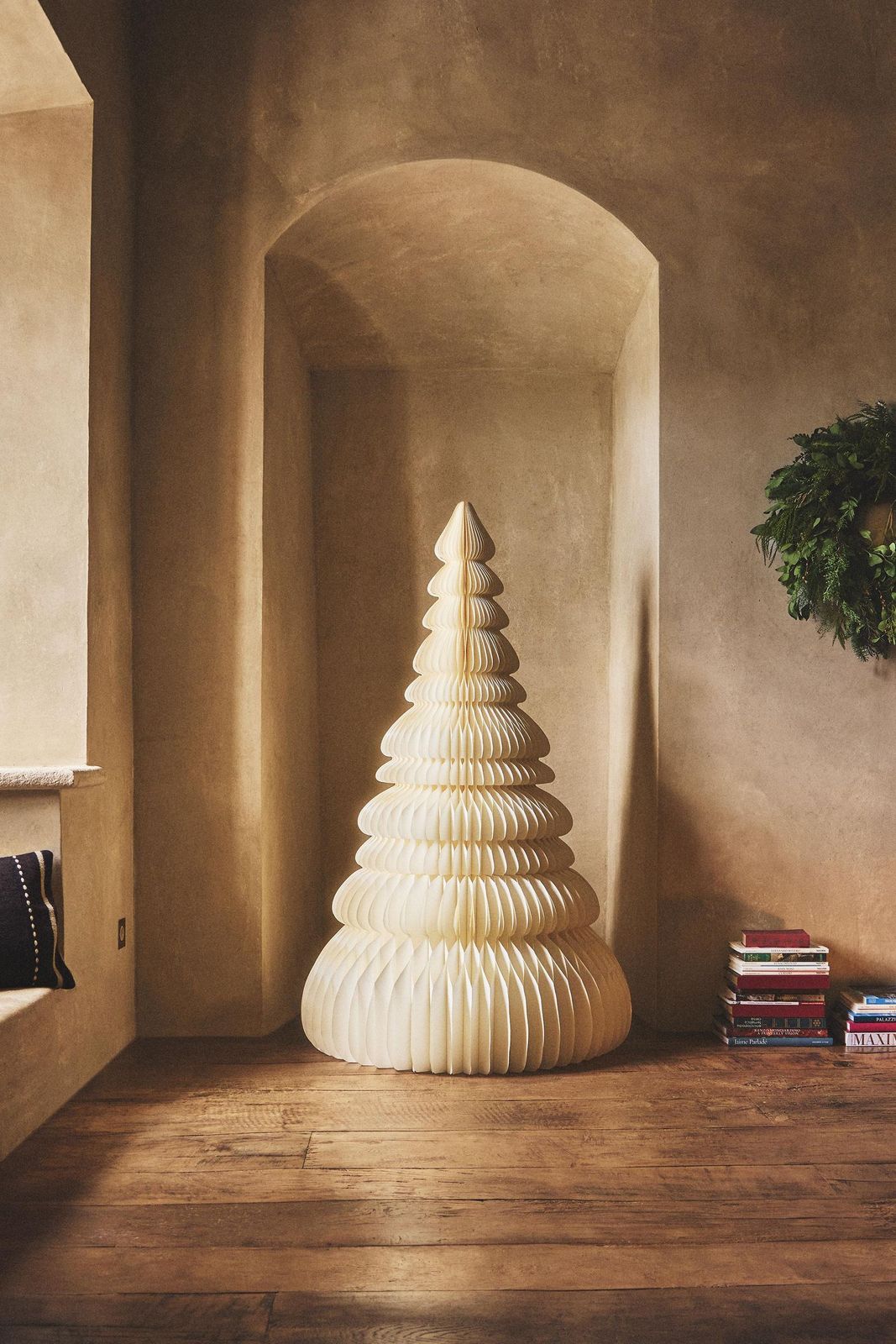 Minimalist Alcove with Large Paper Christmas Tree — Winter Decor After Christmas