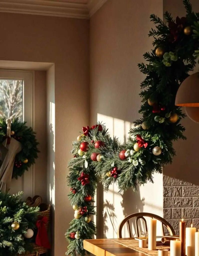 Traditional Christmas Garland and Wreath in Dining Room Corner — Christmas Dining Room Decor