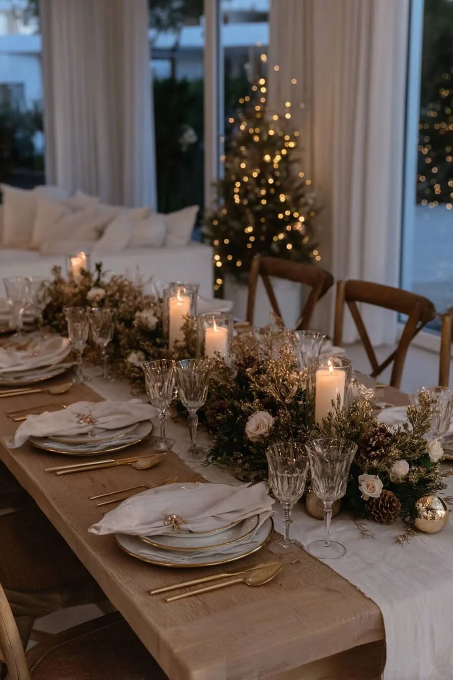 Elegant Neutral Dining Table with Natural Greenery Centerpiece — Christmas Dining Room Decor