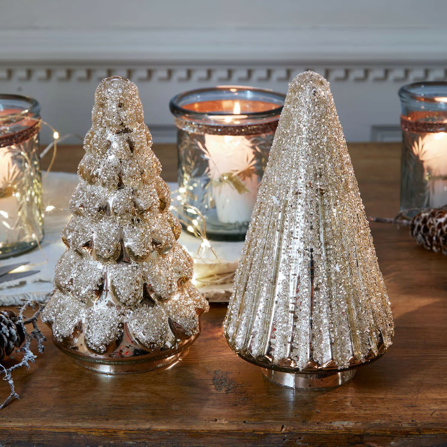 Glamorous Glittered Trees on a Wooden Table Glamorous Glittered Trees on a Wooden Table — Small Christmas Tree Decor