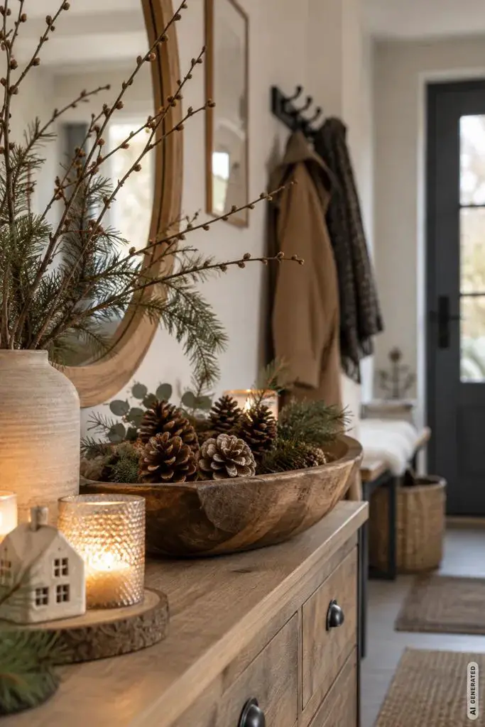 Rustic Christmas Console Table Decor — Christmas Apartment Decor