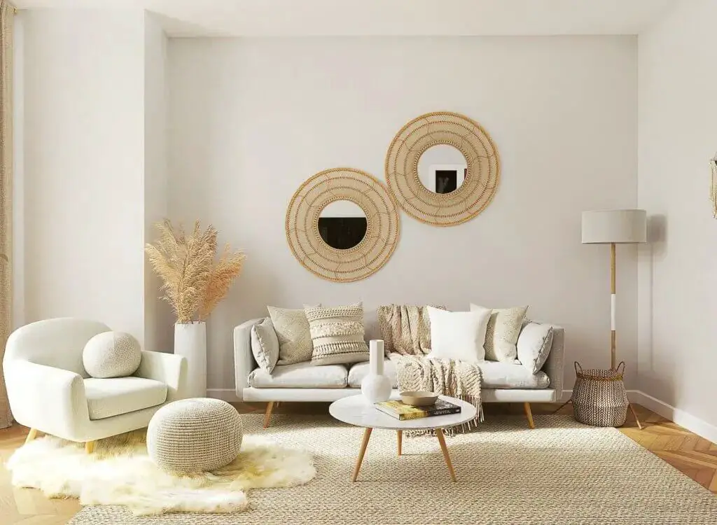 Boho Hygge Living Room with Rattan Mirrors and Cream Tones Boho Hygge Living Room with Rattan Mirrors and Cream Tones — Hygge Home Decor