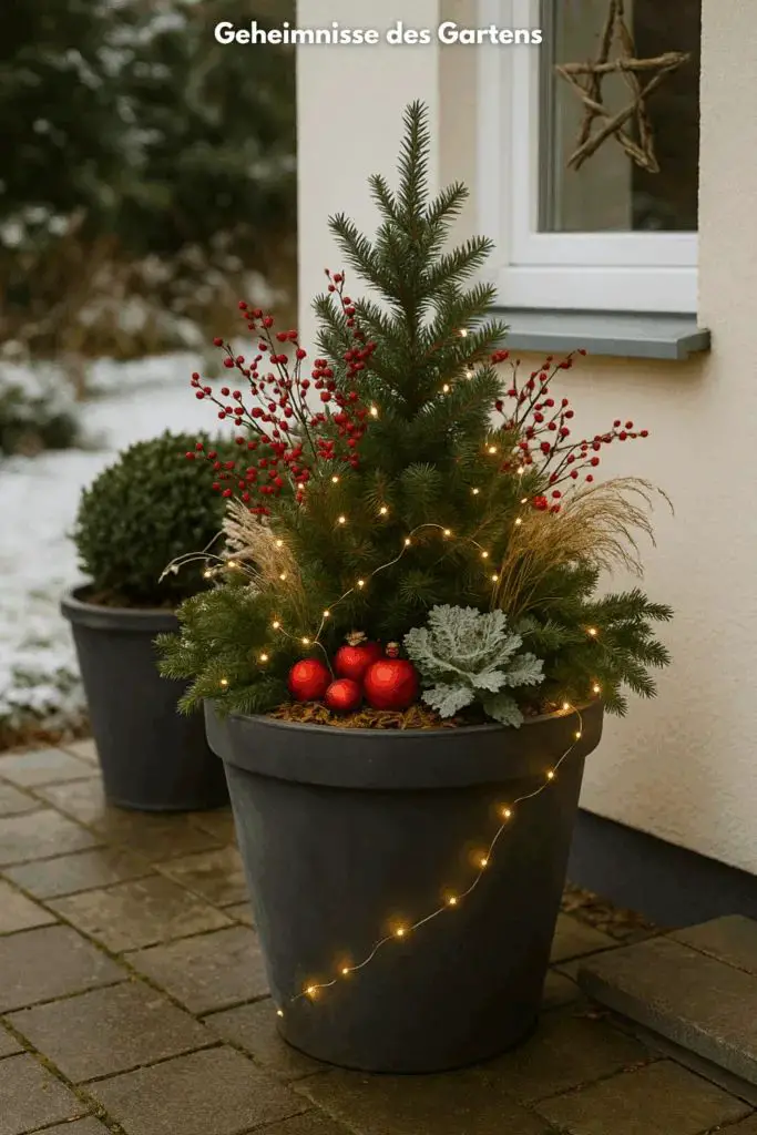 Outdoor Planter Decor with Evergreen and Fairy Lights Outdoor Planter Decor with Evergreen and Fairy Lights — Christmas Light Display Ideas