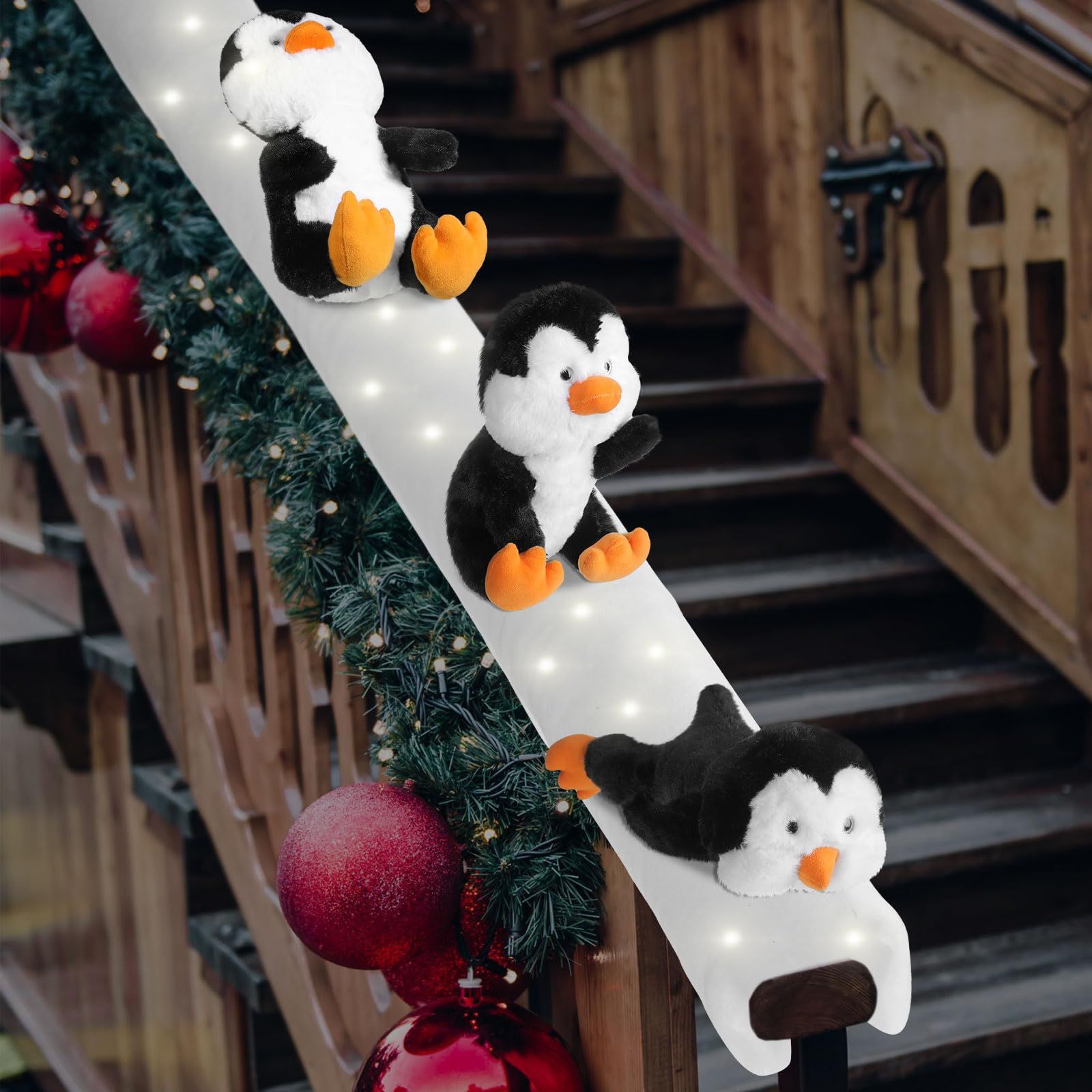Whimsical Penguin and Garland Staircase Decor — Christmas Staircase Decor